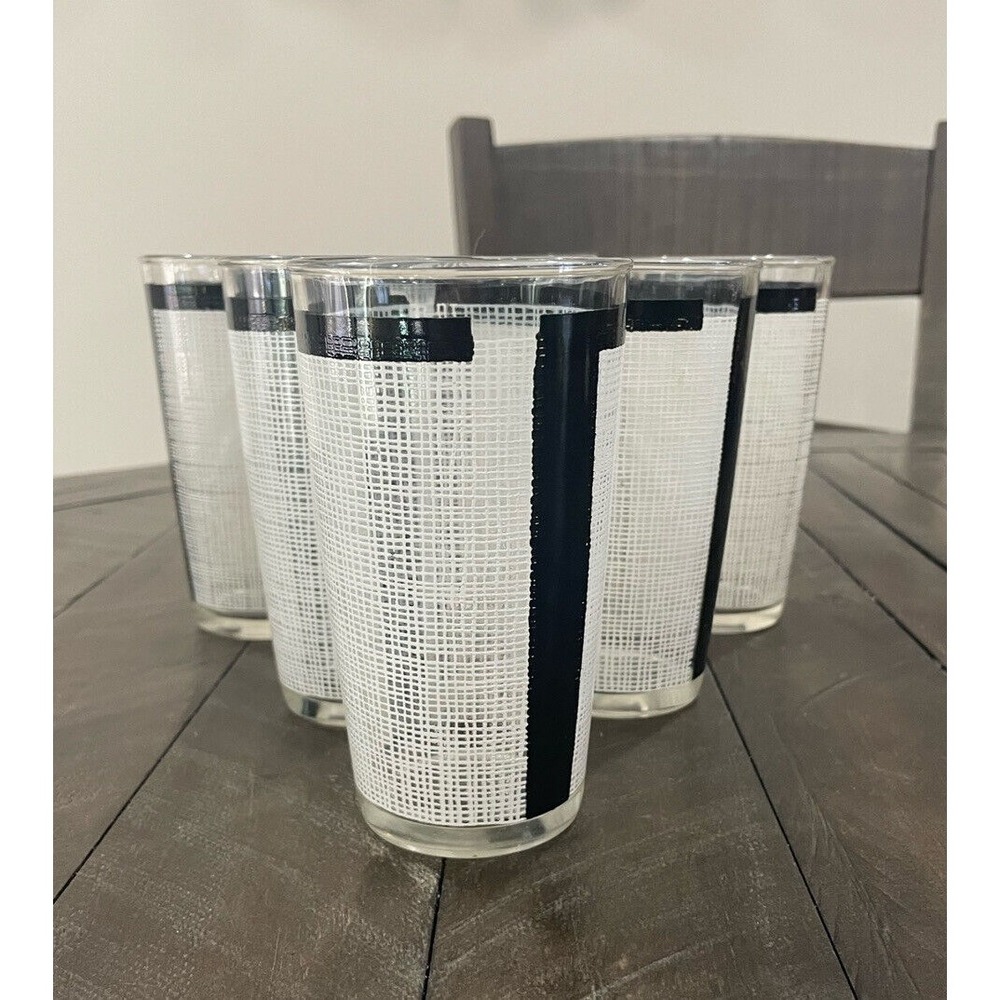 Vintage WHITE BURLAP 6 GLASSES‎ BLACK BORDER~11oz~BEVERAGE~TUMBLER Barware